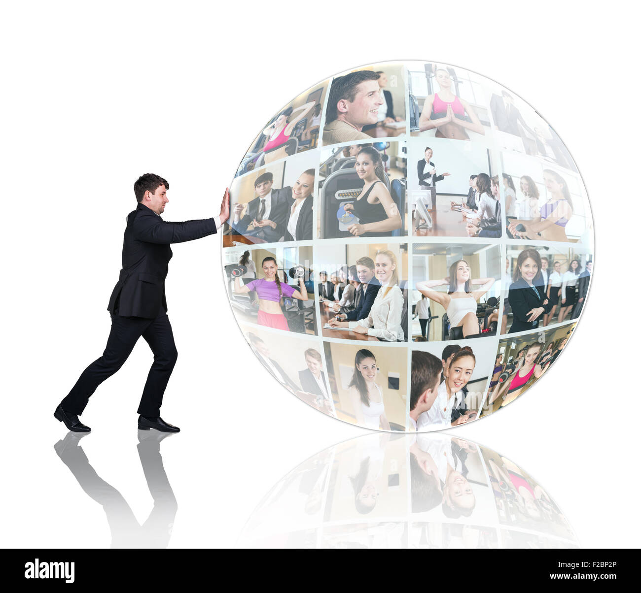 Man push collage of diverse business people in sphere over white background Stock Photo