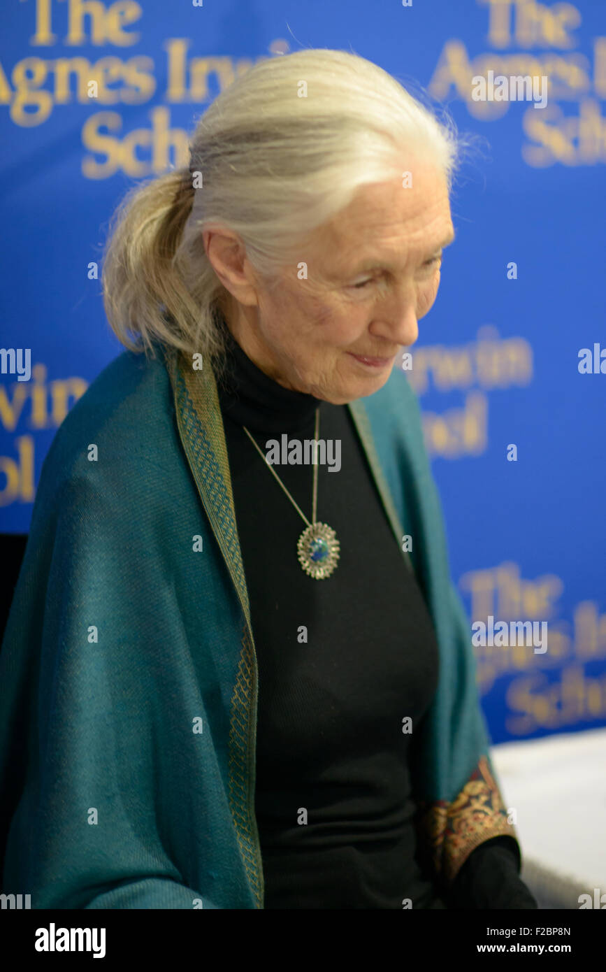 Rosemont, Pennsylvania, USA. 15th Sep, 2015. Dr. Jane Goodall, DBE, one of the world's most renowned conservationists, delivering a lecture, 'Sowing the Seeds of Hope,' about her groundbreaking work studying chimpanzees in the wild and her longstanding efforts to protect the environment at The Agnes Irwin School. Credit:  Kelleher Photography/Alamy Live News Stock Photo