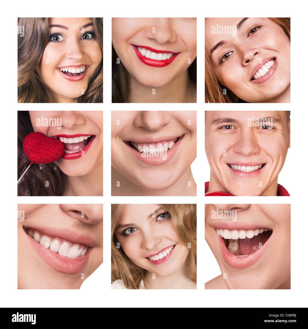 Smiling happy people with healthy teeth. Dental health. Collage. Stock Photo