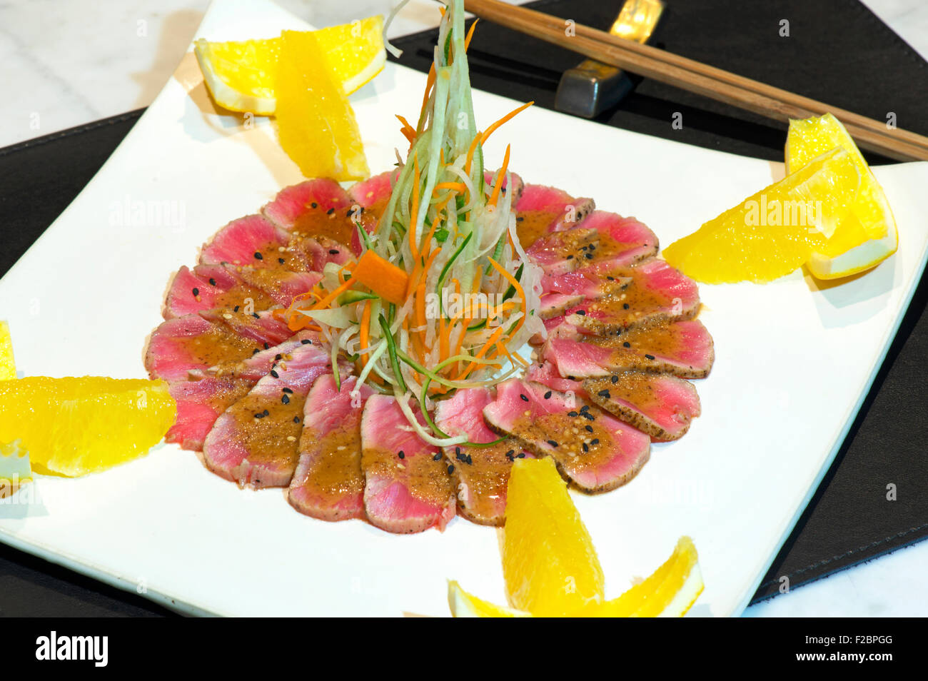 Japanese raw fish dish with very nice arrangement Stock Photo