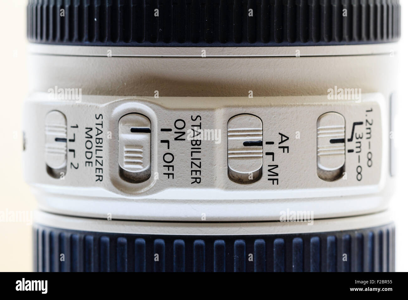 Canon photographic L lens, 70200, close up of the AF/MF switch and