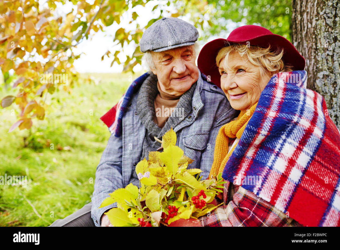 Rest Under Tree Affectionate senior couple having rest under tree on autumn day Stock ...