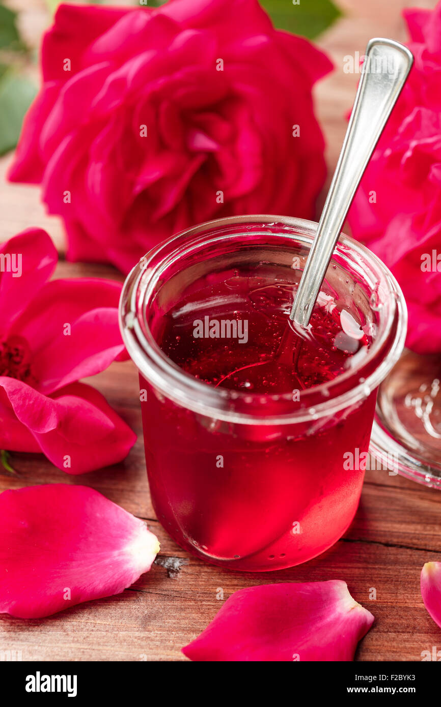 Jar of rose jelly Stock Photo Alamy
