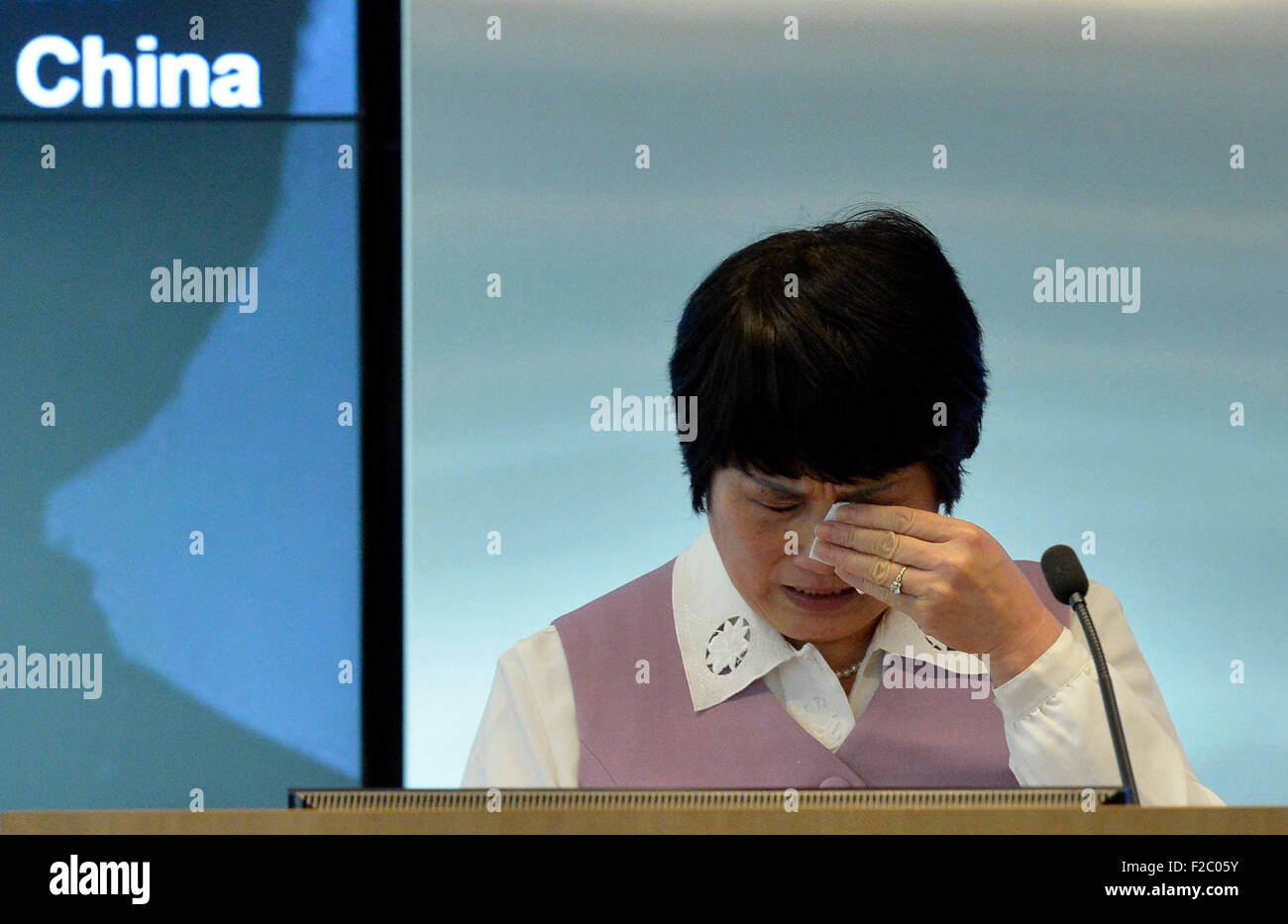 (150916) -- WASHINGTON D.C., Sept. 16, 2015 (Xinhua) -- Chinese-American hydrologist Sherry Chen speaks during a press conference at Arent Fox in Washington, DC, capital of the United States, Sept. 15, 2015. U.S. lawmakers and Asian American advocacy groups on Tuesday urged the country's Department of Justice (DOJ) and the Federal Bureau of Investigation (FBI) to investigate what appeared to be a 'growing pattern' of accusing innocent Chinese-Americans of spying for China. The move came days after the Department of Justice dropped all charges against Professor Xi Xiaoxing of Temple University Stock Photo