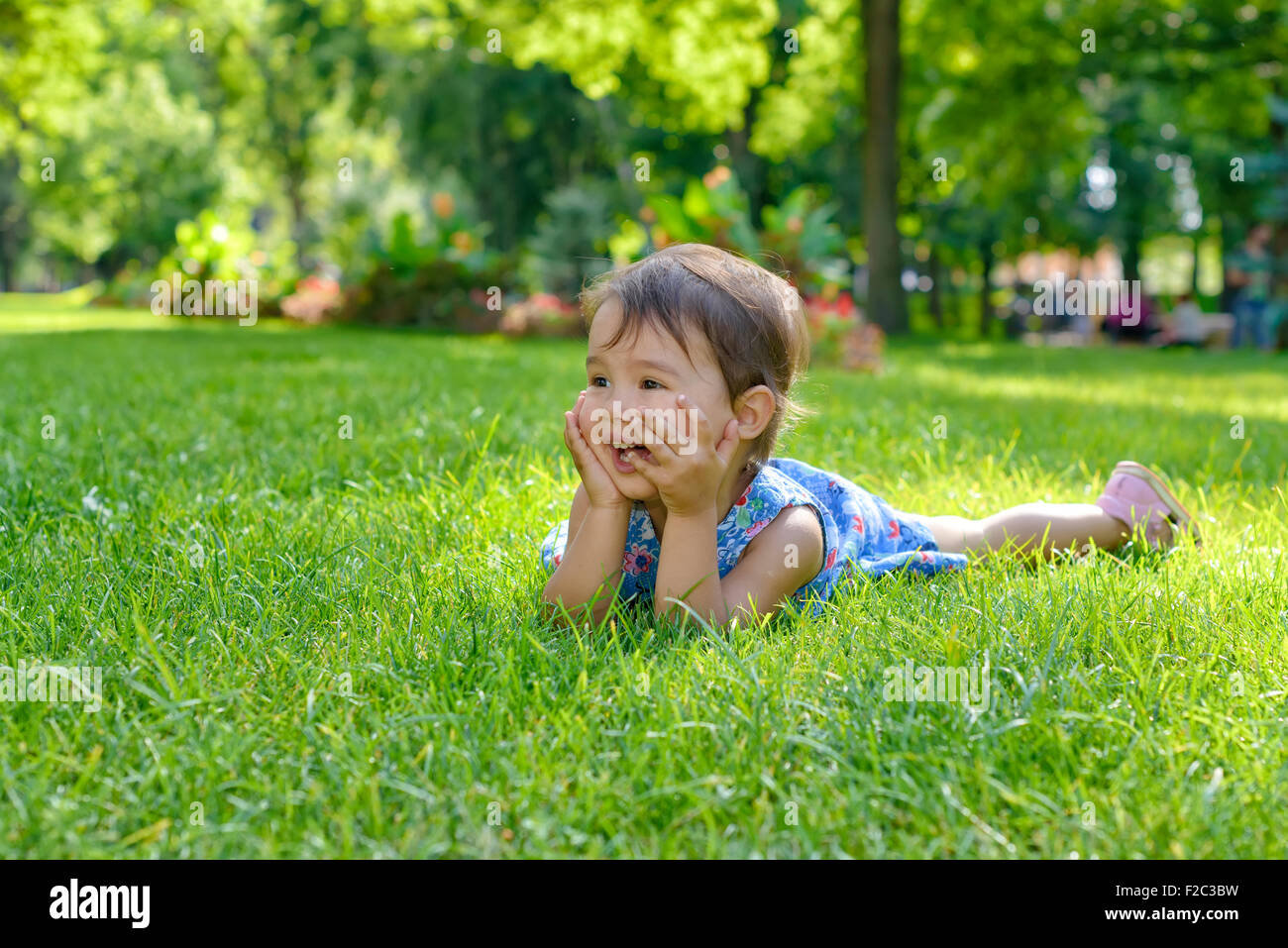 Cute little girl laying in the grass on a sunny summer day Stock Photo ...