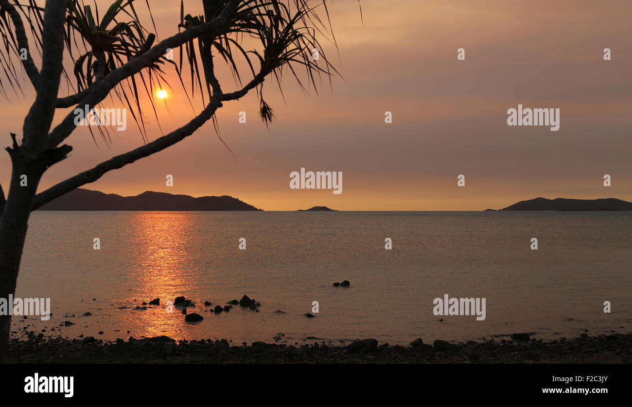 Island sunset with pandanus palm in silhouette amidst island in the Torres Strait in Australia Stock Photo