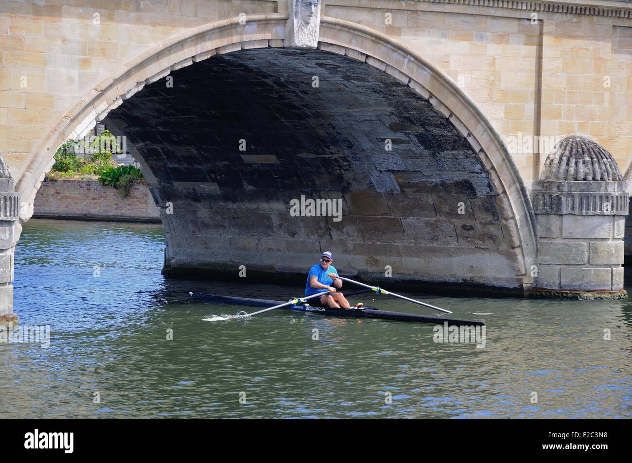 Man rowing under the bridge along the River Thames, Henley-on-Thames, Oxfordshire, England, UK, Western Europe. Stock Photo
