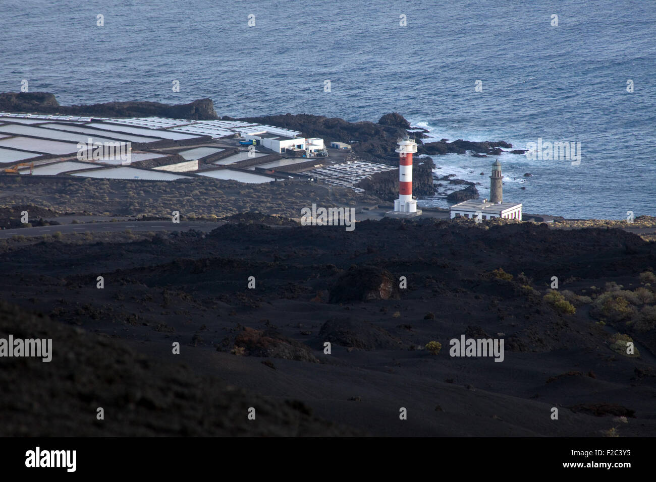Salt mine, salt lakes and lighthouse in Fuencaliente, La Palma, Canary Islands Stock Photo