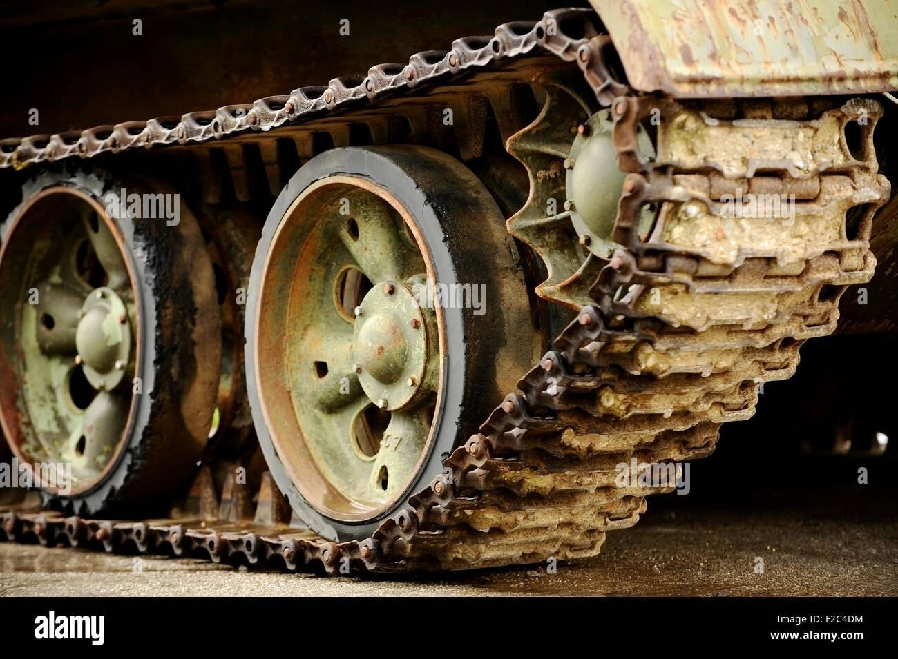 Detail shot with old tank tracks and wheels Stock Photo