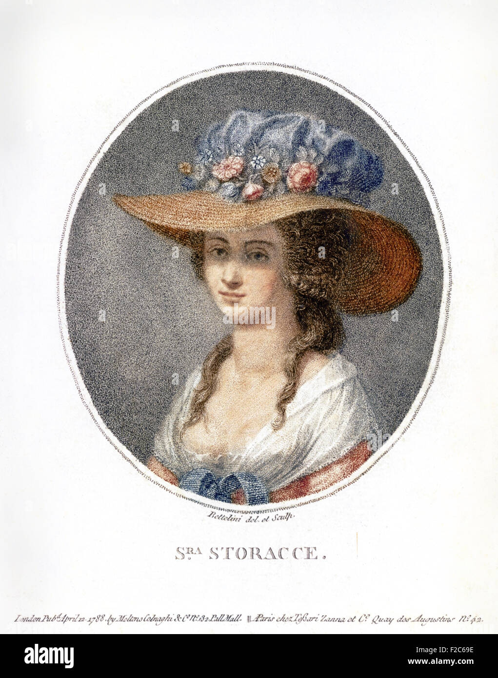 Portrait of Nancy Storace (Ann Selina Storace) (1765-1817), English operatic soprano singer published in 1788. W.A. Mozart  wrote the role of Susanna, the countess's maid in 'The Marriage of Figaro', which premiered in Vienna in 1786 especially for her. For unknown personal reasons, she returned to London in 1787 and continued to sing in her brother, Stephen Storace's operas until retiring in 1808. Engraving by Pietro Bettelini (1763-1829) with contemporary hand colouring.  Credit: Private Collection / AF Fotografie Stock Photo