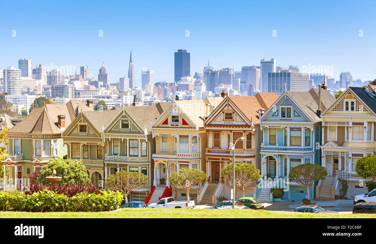 San Francisco skyline with Painted Ladies buildings at Alamo Square, USA. Stock Photo
