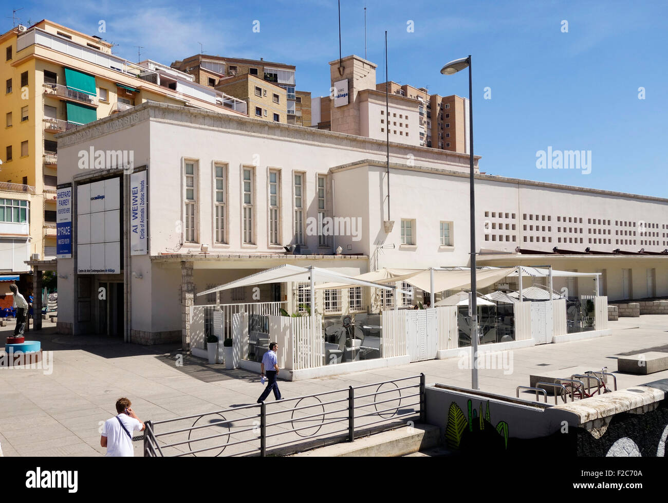 The Malaga museum of contemporary art,, centro de arte contemporáneo. with Oleo restaurant in front, soho district, CAC Malaga. Spain. Stock Photo