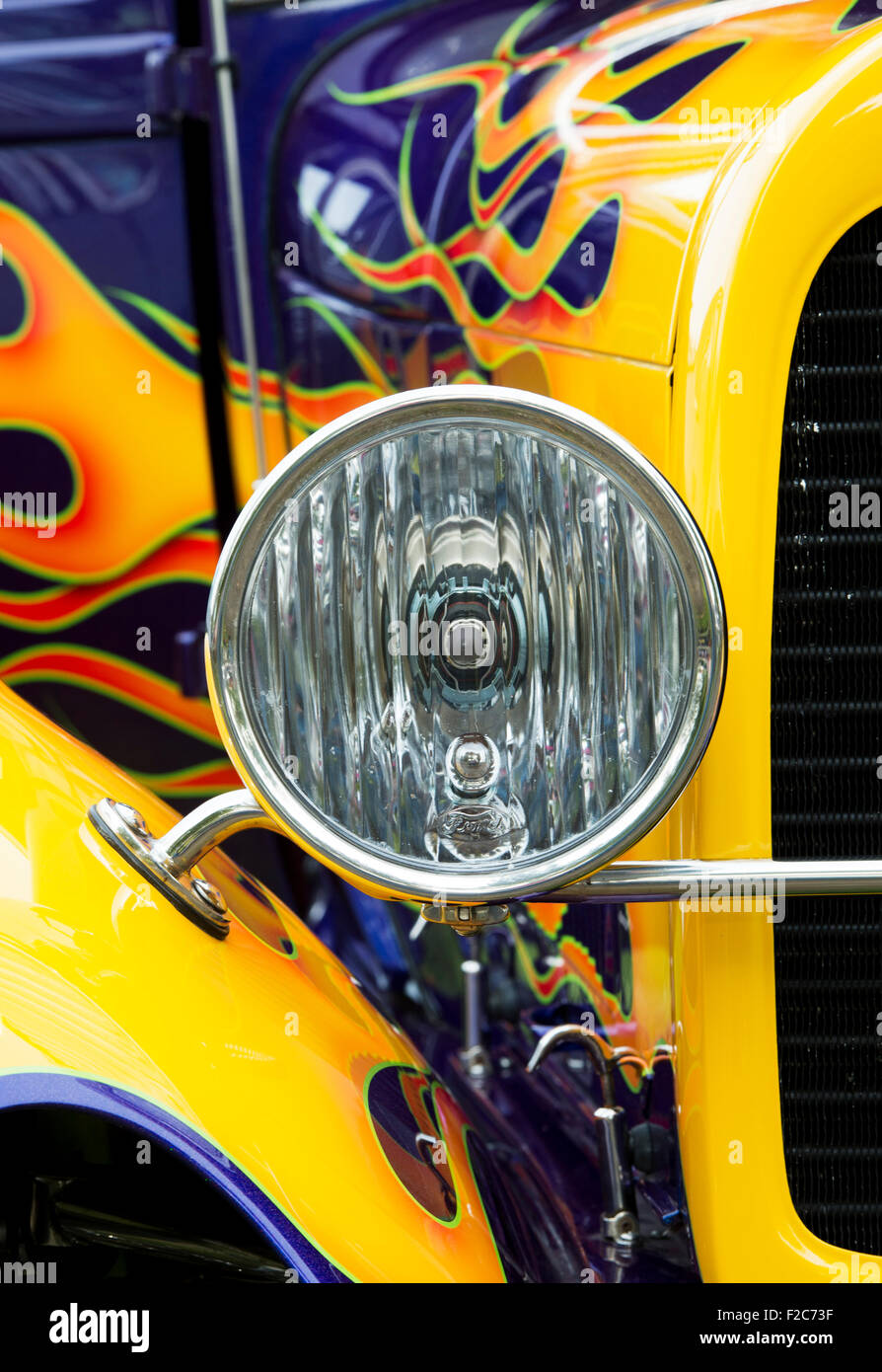 Ford hot rod custom car and flames detail Stock Photo