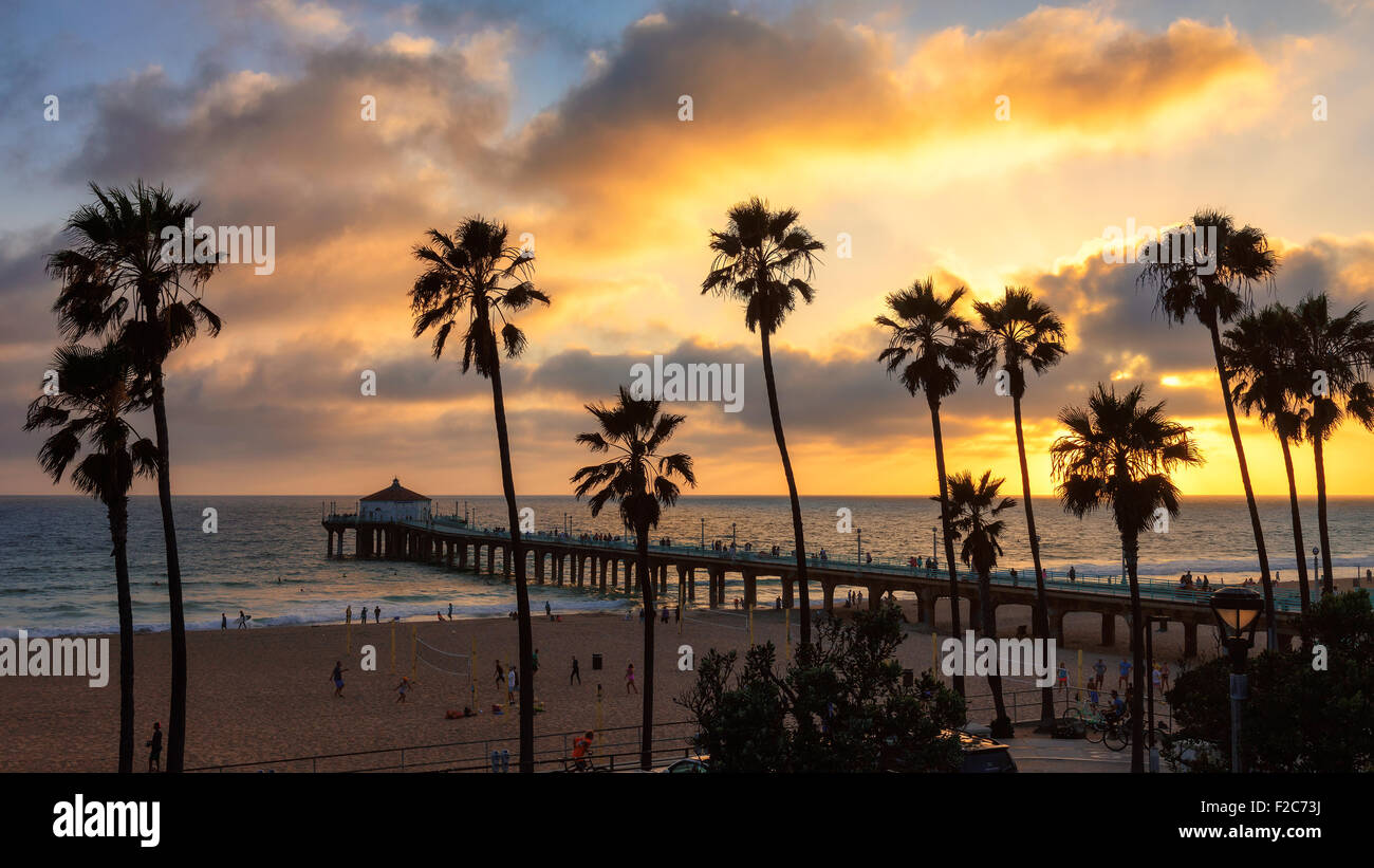 Sunset at Manhattan Beach and Pier in Southern California, Los Angeles. Stock Photo