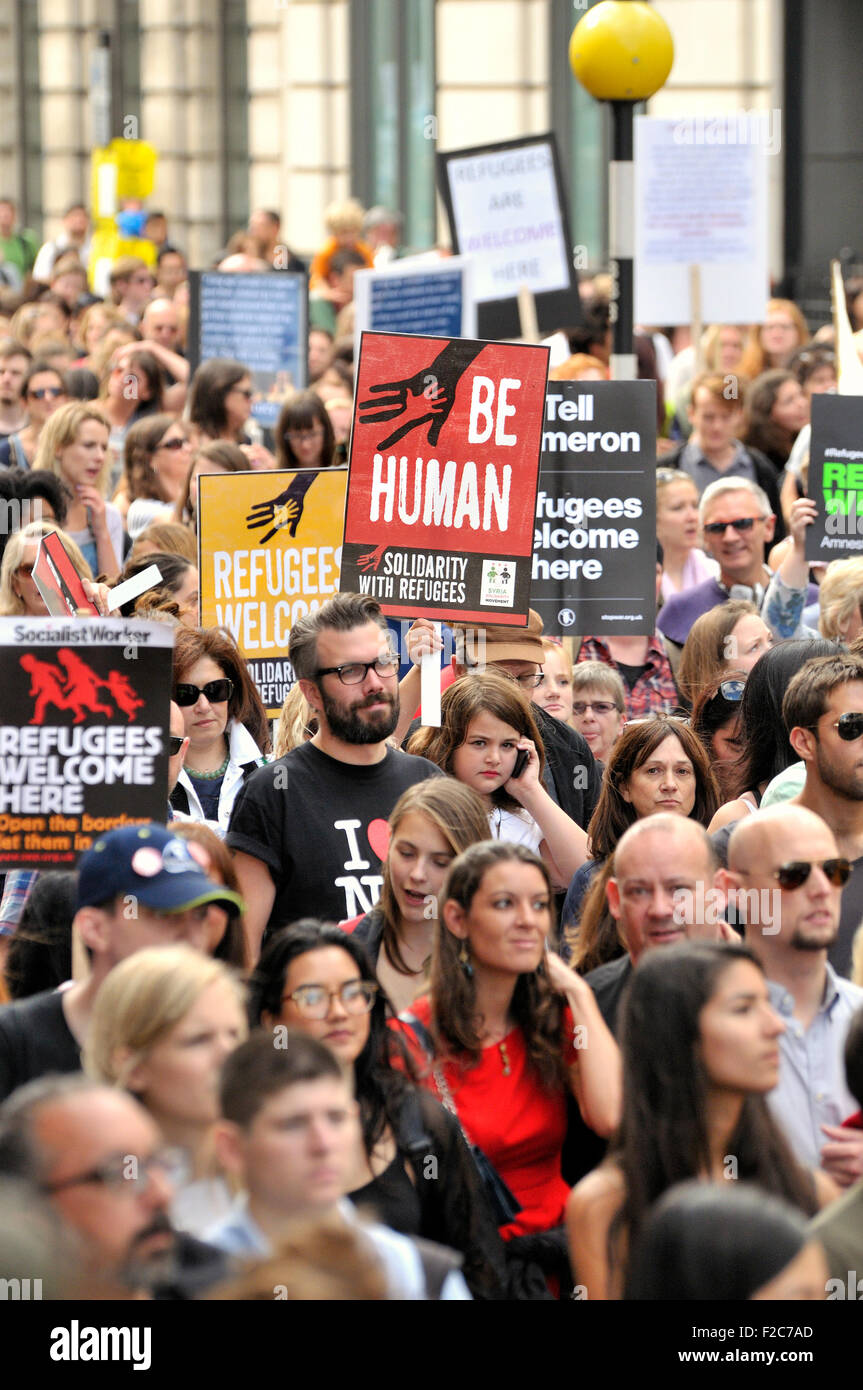London 12th Sept 2015. 'Refugees Welcome Here' rally, marching from Marble Arch to Parliament Square Stock Photo