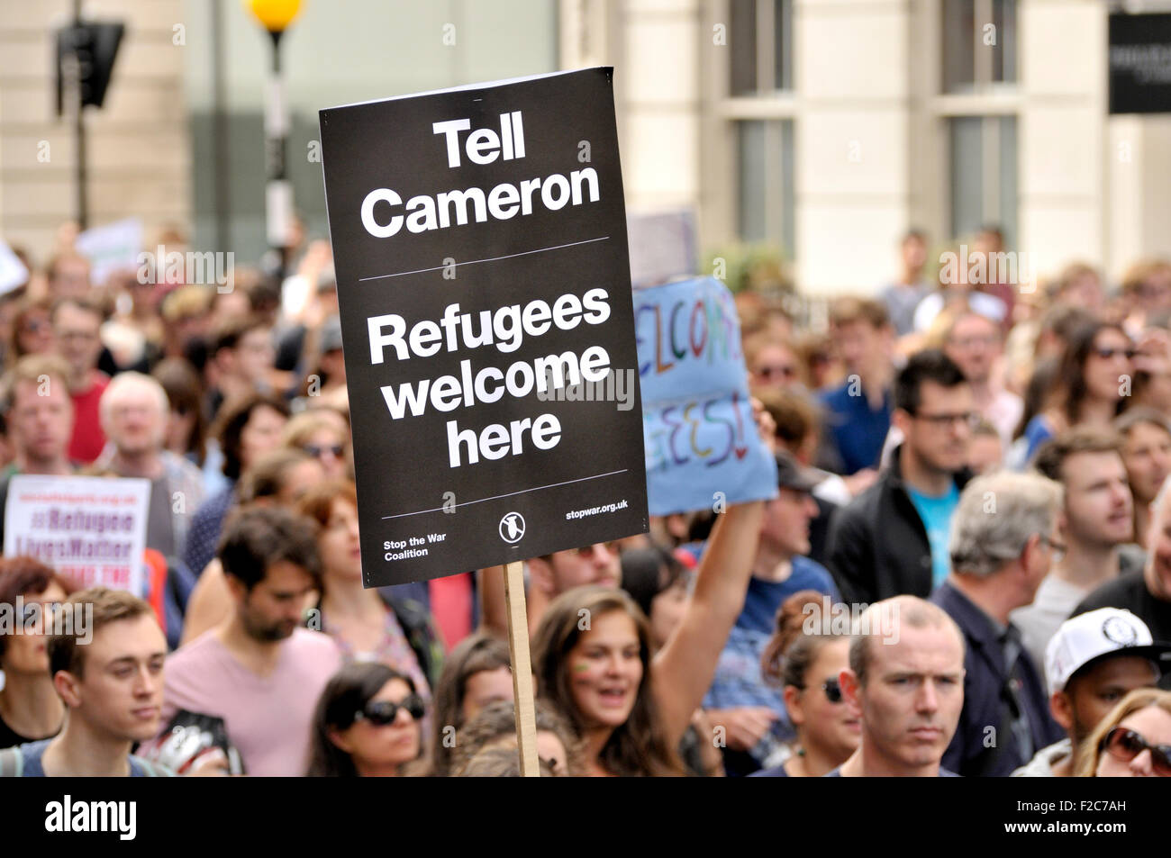 London 12th Sept 2015. 'Refugees Welcome Here' rally, marching from Marble Arch to Parliament Square Stock Photo