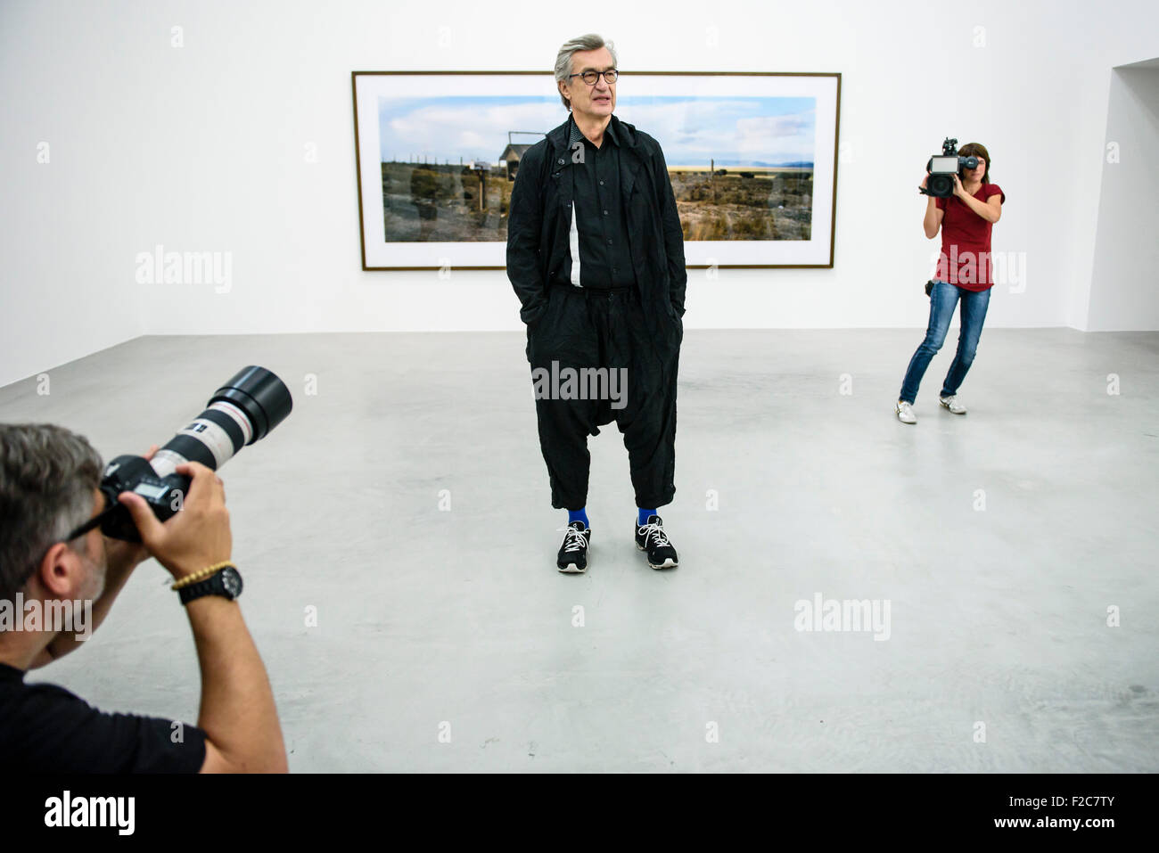 Berlin, Germany. 16th Sep, 2015. Movie director and photographer Wim Wenders poses during a press conference for the exhibition 'Time Capsules. By The Side Of The Road. Wim Wenders' at the Berlin Art Week in Berlin, Germany, 16 September 2015. Photo: CLEMENS BILAN/dpa/Alamy Live News Stock Photo