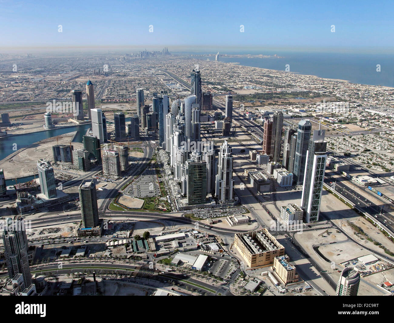 Downtown Financial district seen from the 124th floor of the Burj Khalifa tower a megatall skyscraper in Dubai, United Arab Emirates. Stock Photo