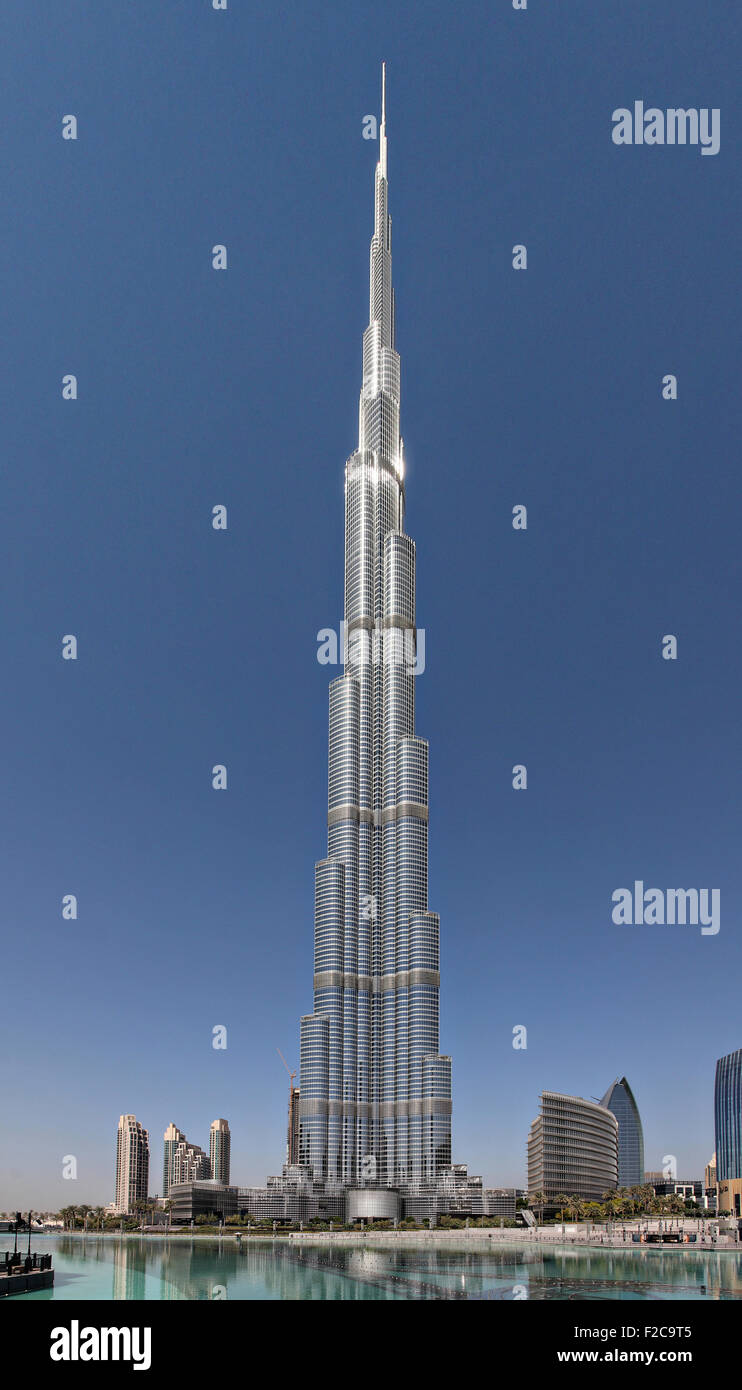 The Burj Khalifa tower a megatall skyscraper in Dubai, United Arab Emirates. It is the tallest artificial structure in the world, standing 829.8 m (2,722 ft). Stock Photo