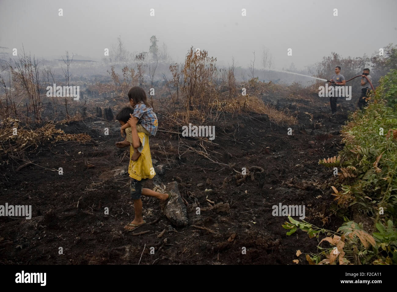 Riau, Indonesia. 16th Sep, 2015. Carrying a child with his brother to see their land were burned on the sidelines the rest of the officers extinguish a fire in Rimbo Panjang, in Riau province, Indonesia, on September 16, 2015. The government said last week that more than 25 million people in the islands of Sumatra and Kalimantan affected by haze caused by illegal land clearing, often spread choking smoke into neighboring countries. Fog emergency has been declared in six provinces and school students have been told to stay at home that threatens villages against respiratory infections. © Ivan D Stock Photo