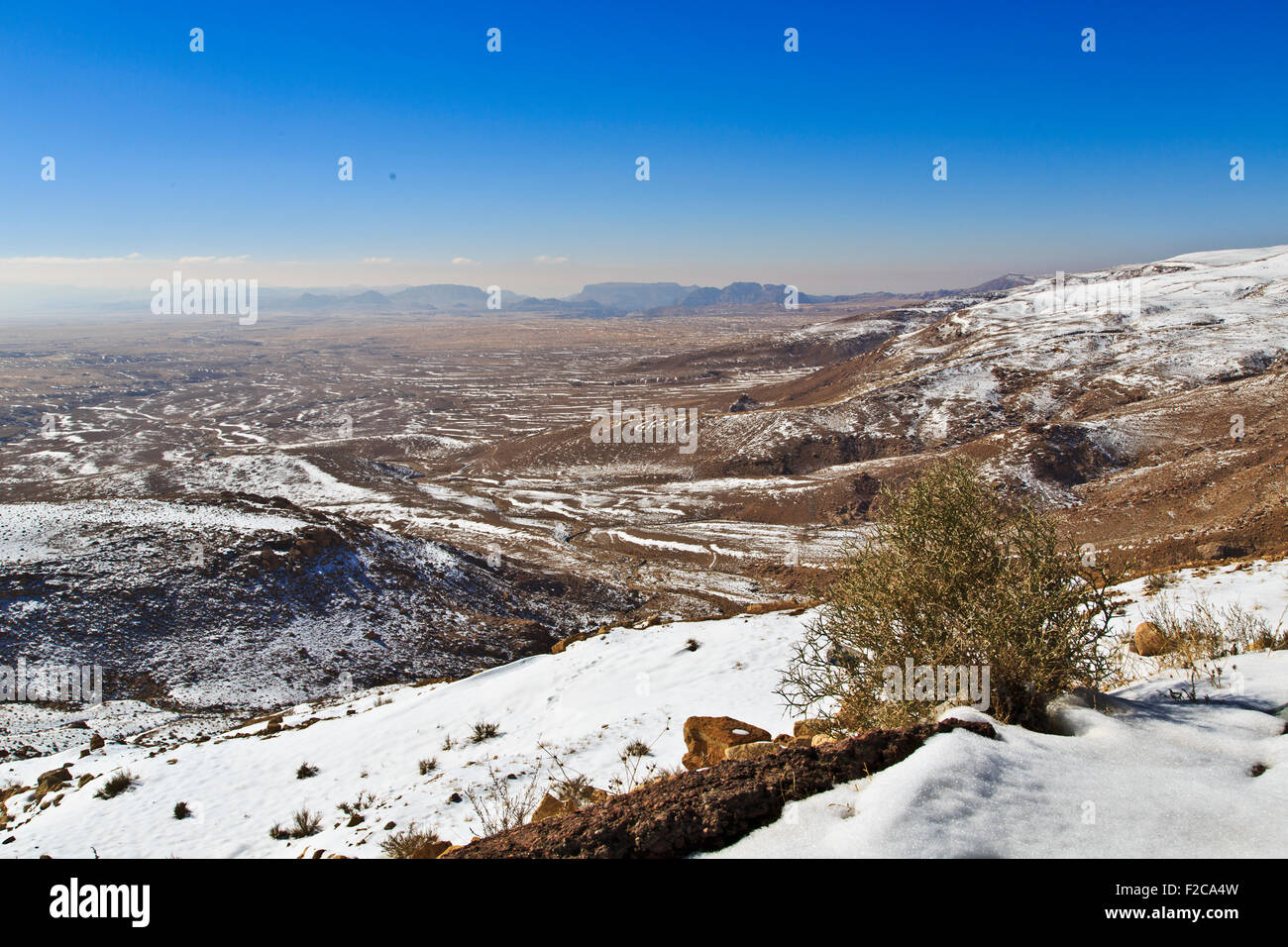 Wadi Rum desert in snow Stock Photo