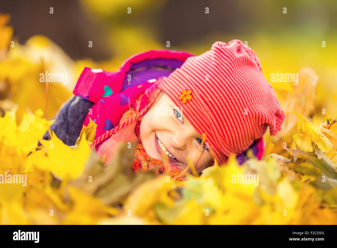 Little girl playing with autumn leaves Stock Photo - Alamy
