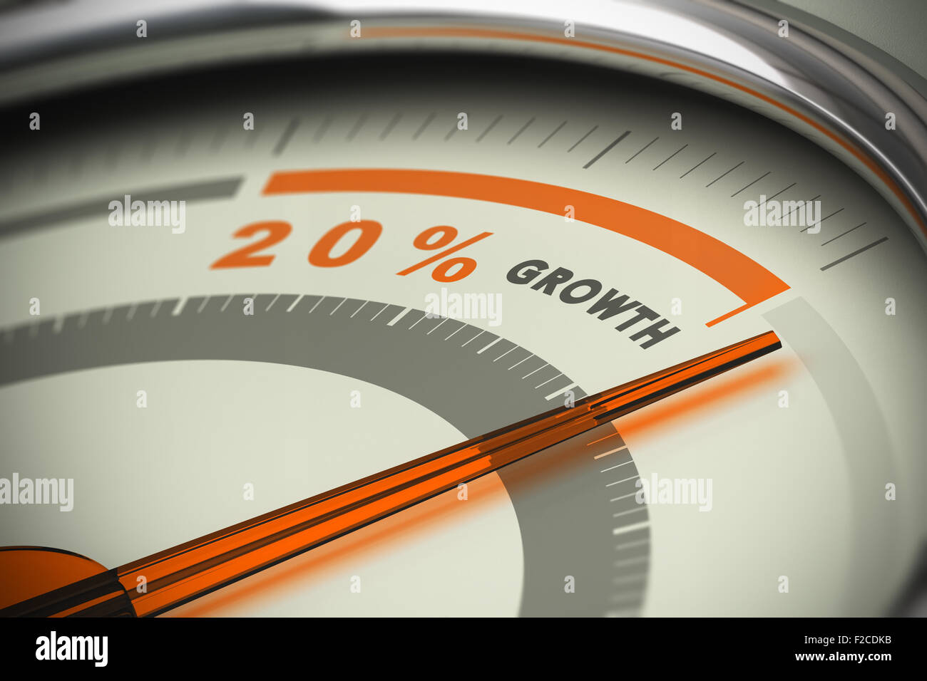 Dial with the needle surpassing the target of twenty percent growth. Conceptual 3D image for illustration of motivation, KPI and Stock Photo