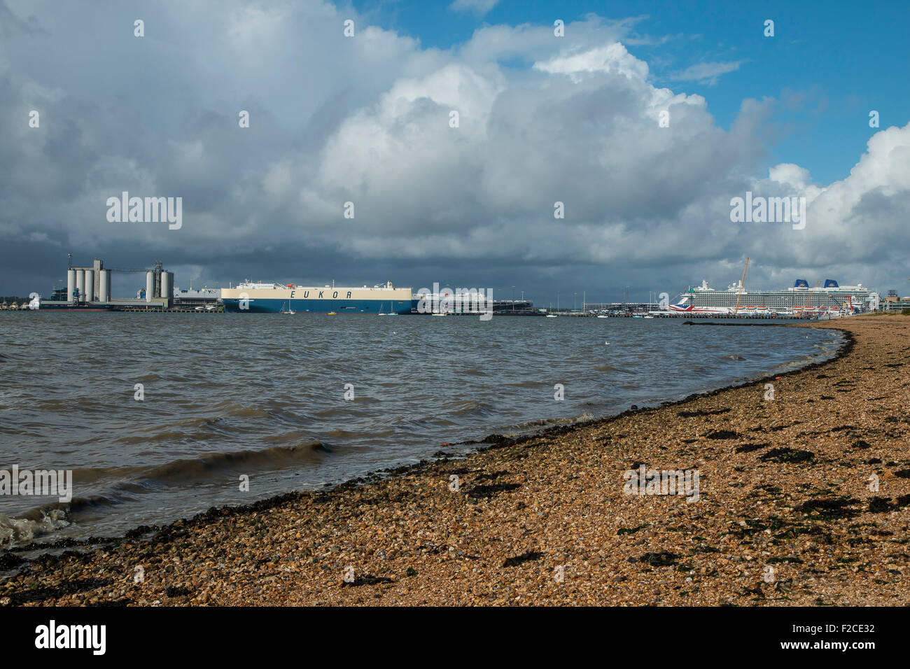 Southampton Docks  from Weston Shore. cruise ship Britannia is to the right with a large car transporter to the left Stock Photo