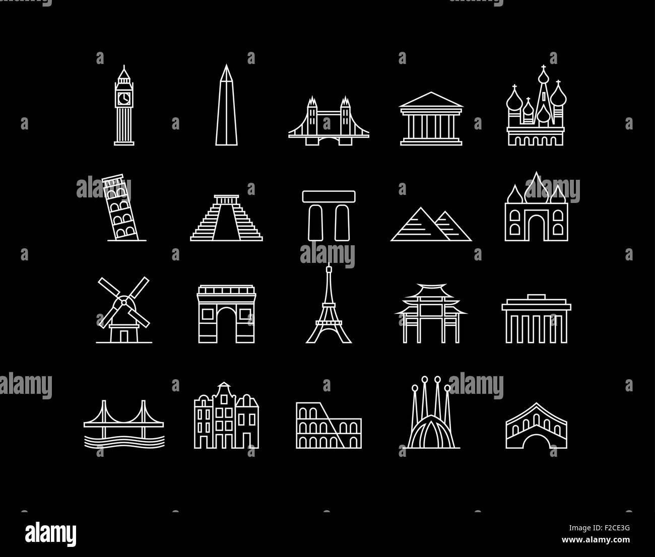 World landmark monuments modern line icon set ideal for travel web, app, or online tourism campaign. EPS10 vector file. Stock Vector