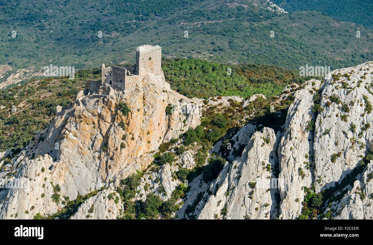 Ruined castle in the commune of Cucugnan in the Aude departament of France. Stock Photo