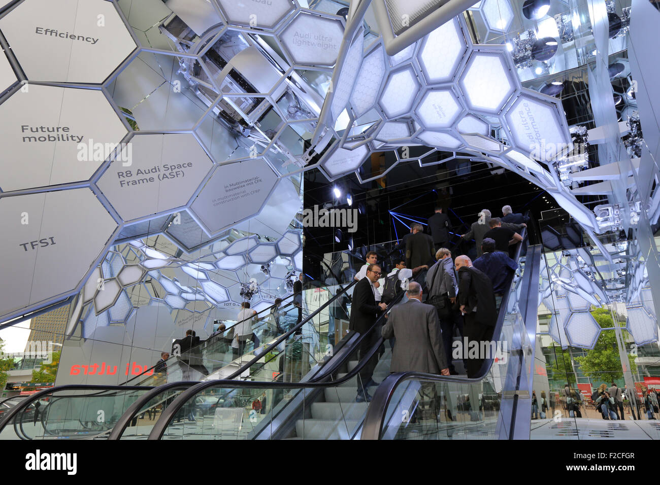 Frankfurt/M, 16.09.2015 - Visitors entering the AUDI stand at the 66th International Motor Show IAA 2015 (Internationale Automobil Ausstellung, IAA) in Frankfurt/Main, Germany Stock Photo