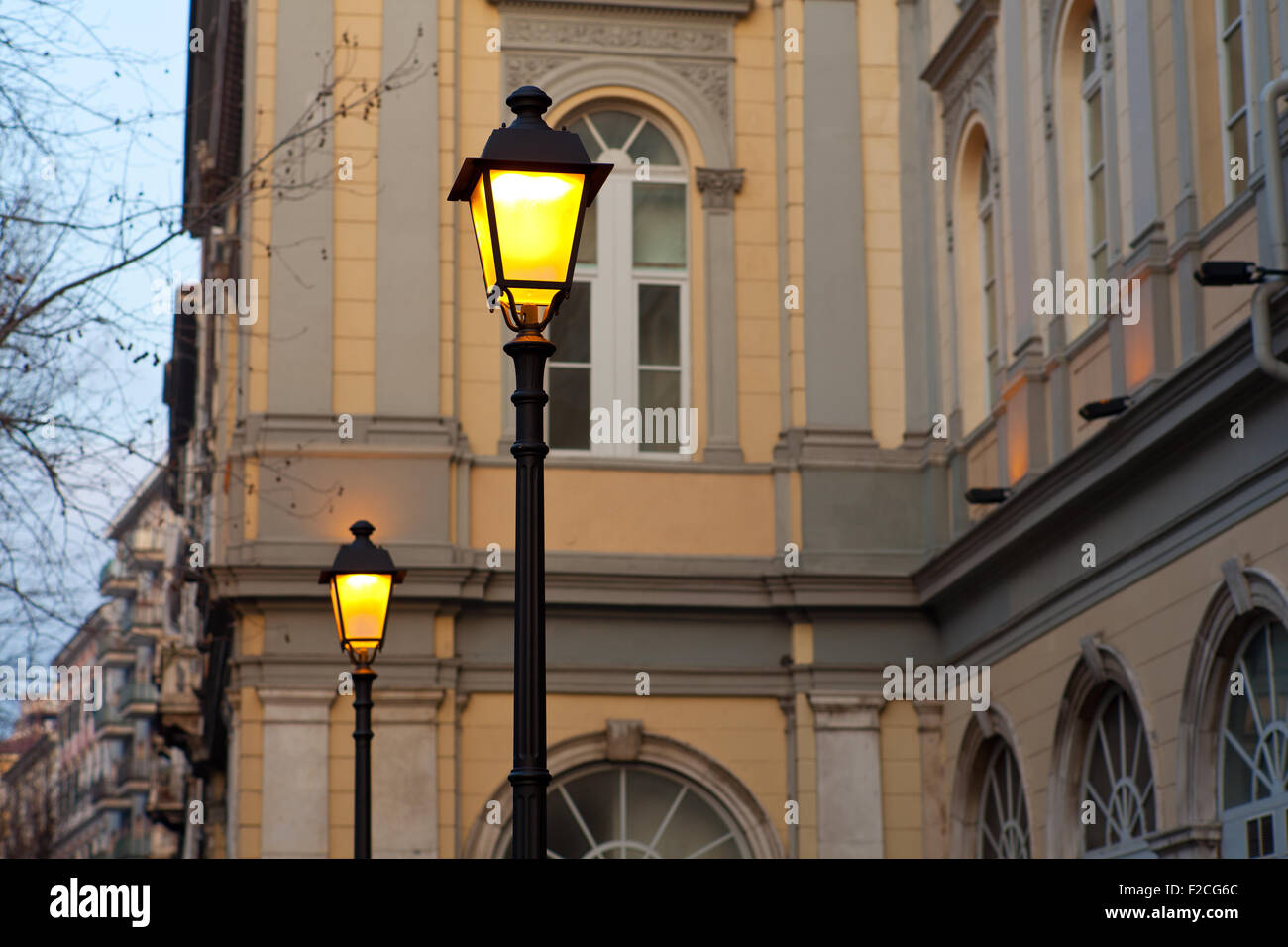 View of illuminated streetlamps in Trieste, Italy Stock Photo