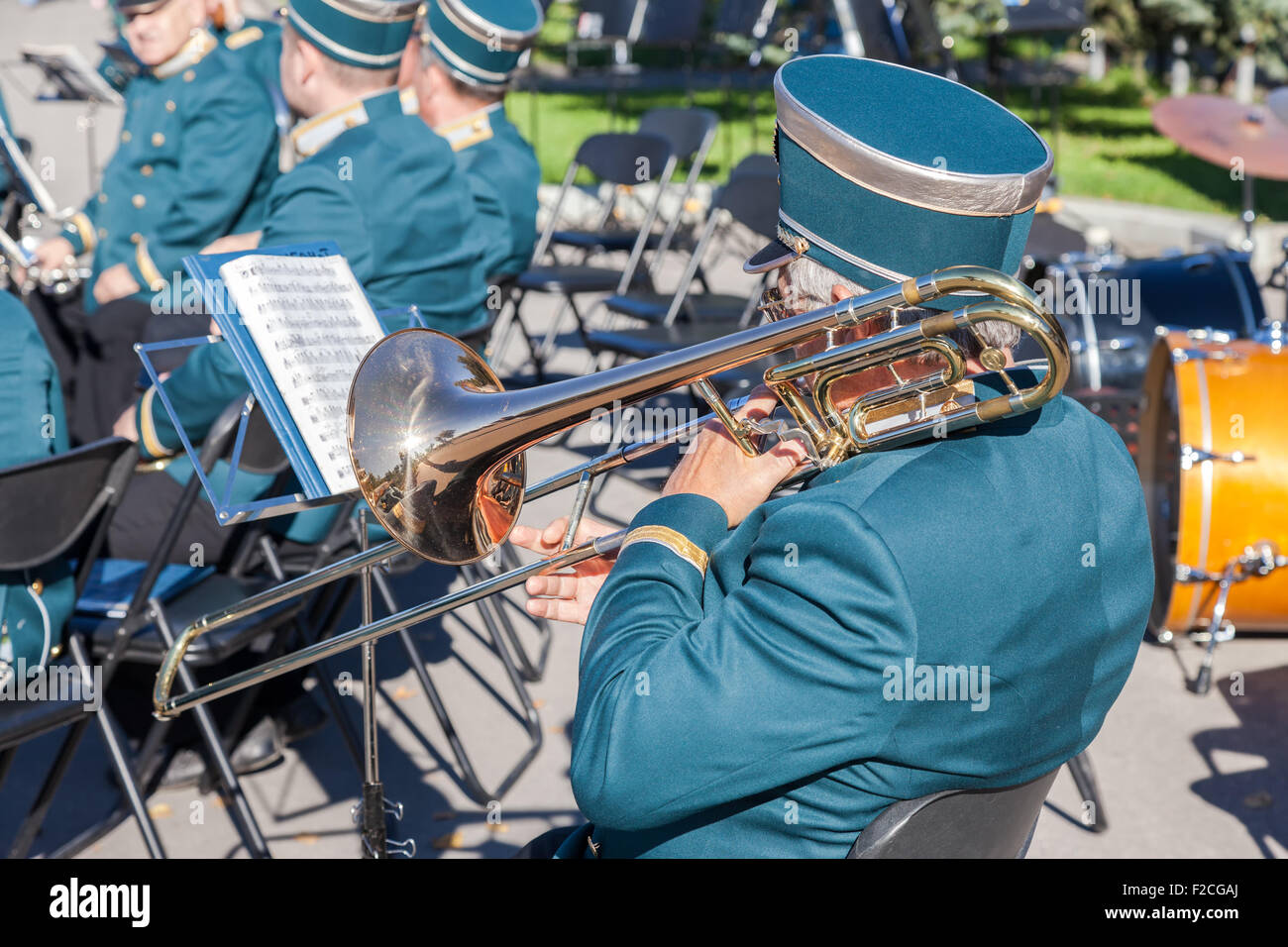 Musician brass band playing the trombone on a sunny day Stock Photo Alamy