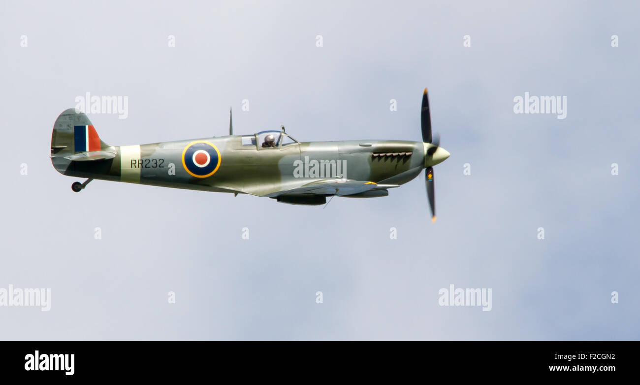 Goodwood, UK. 15th September 2015, the 75th anniversary of Battle of Britain. An estimated 40 Spitfires and Hurricanes and the only airworthy Bristol Blenheim took to the skies at Goodwood Aerodrome, West Sussex, as part of a historic flypast over the Sou Stock Photo