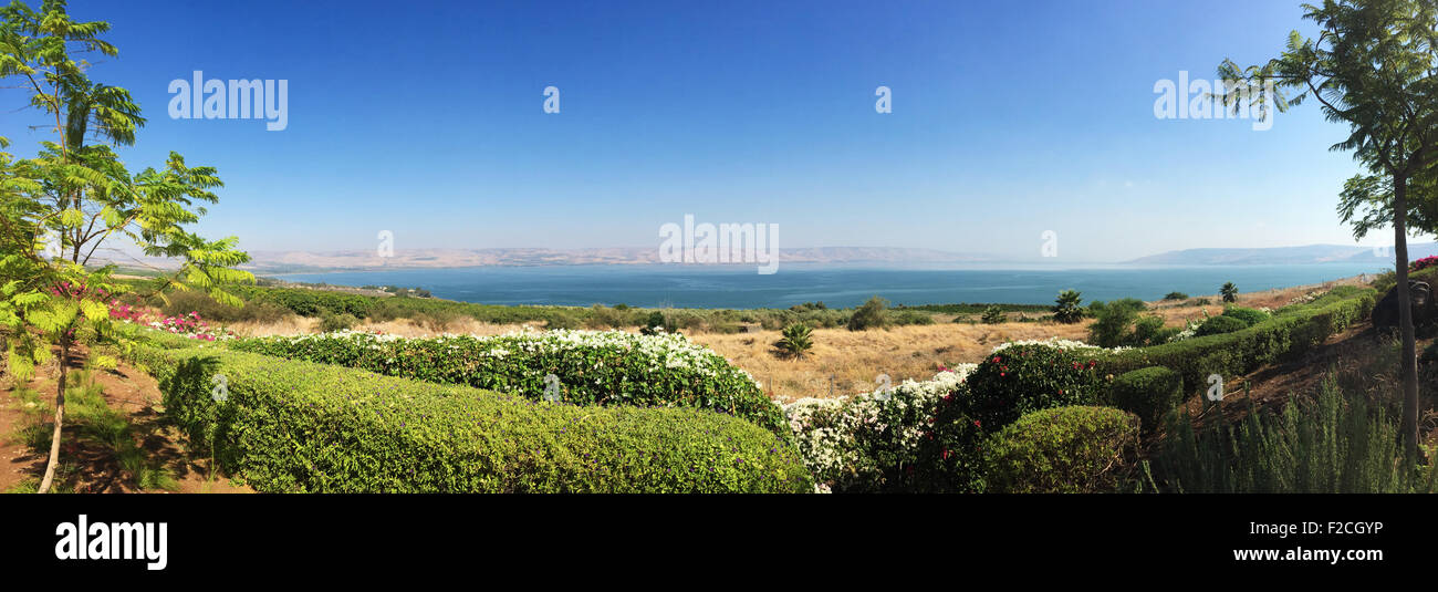 Lake Tiberias, the lowest freshwater lake on Earth quoted in the Scripture as the place of Jesus walking on water, from the Mount of Beatitudes Stock Photo