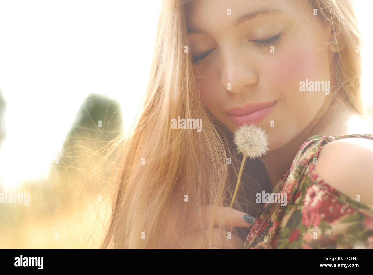 beautiful blonde on the outside with dandelion girl with beautiful skin and face beautiful girl in love Stock Photo