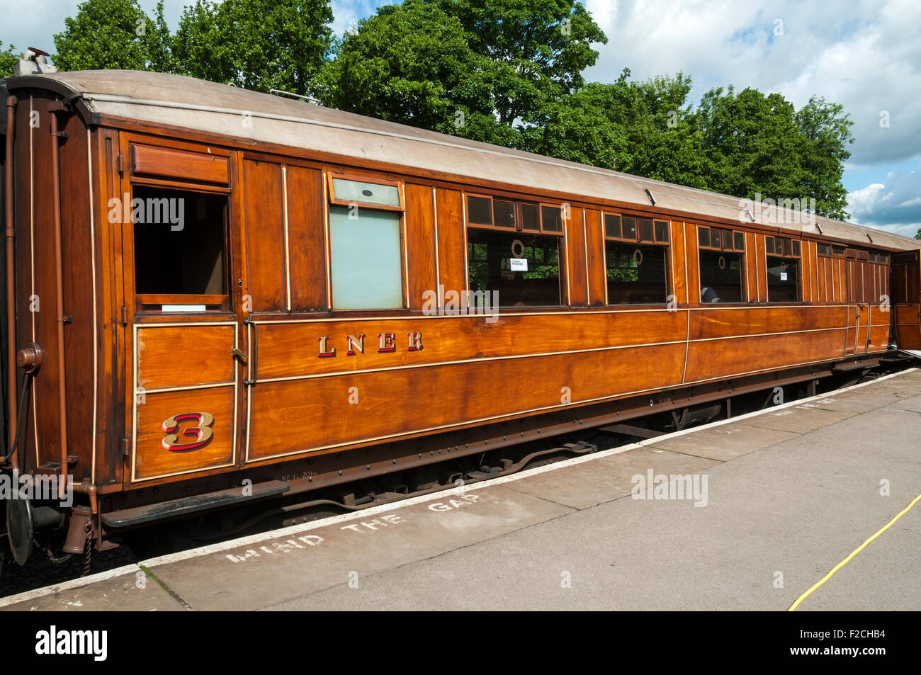 Wooden teak passenger carriage at Pickering Station on the North