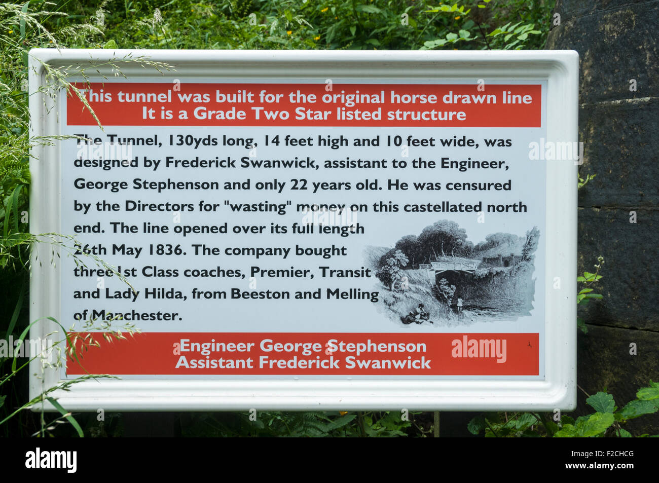 Information sign about the tunnel built by George Stephenson in 1833-5, at Grosmont on the NYMR, Yorkshire, England, UK Stock Photo