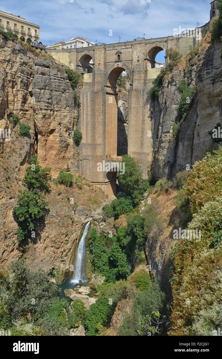 View of the gorge and the waterfall of Ronda Stock Photo