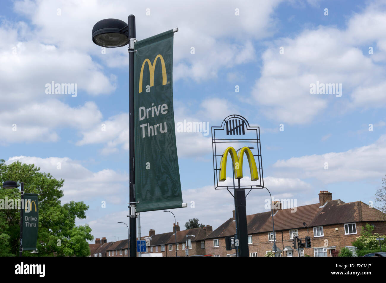 Signs for a drive-through McDonalds in the premises previously occupied by The Gate public house in Bromley. Stock Photo