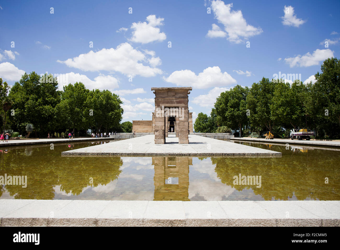 The Egyptian Temple of Debod is reflected in water on a sunny day in Madrid, Spain. Stock Photo