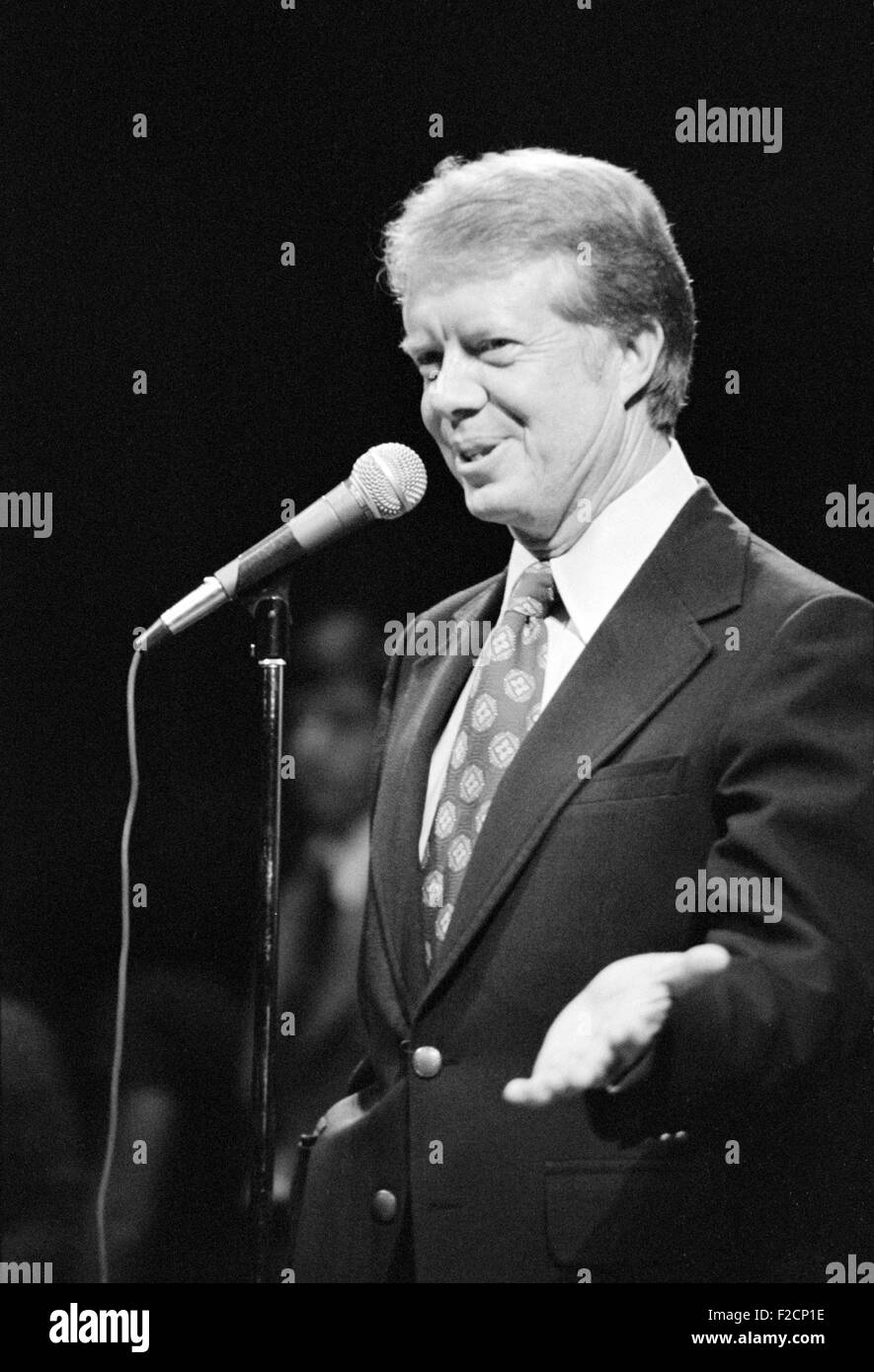 Former Georgia Gov and Democratic presidential candidate Jimmy Carter speaks at Brooklyn College September 7, 1976 in Brooklyn, New York. Stock Photo