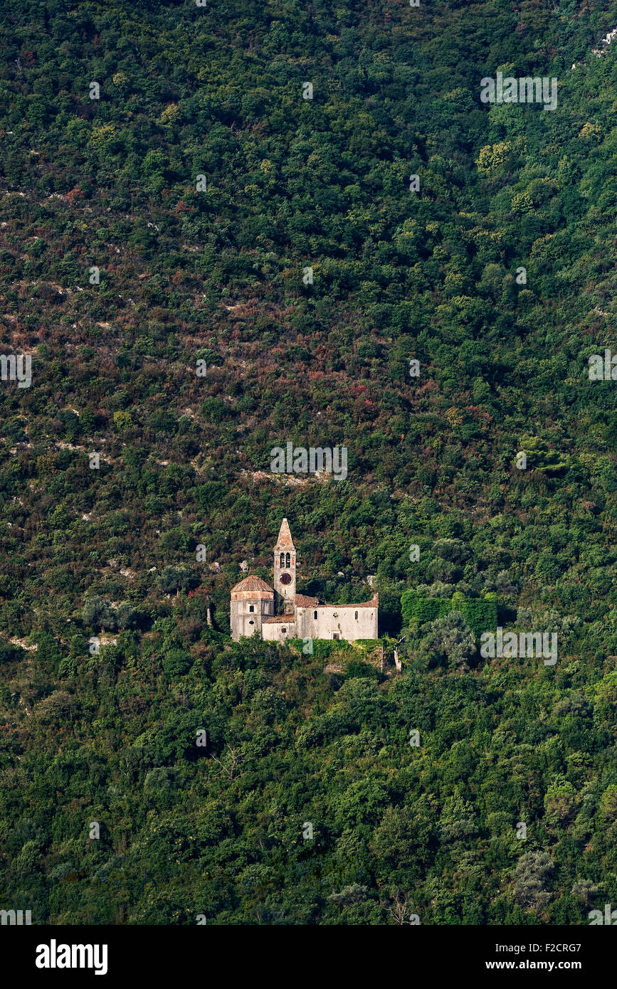 Church ruin that sits on a mountainside above the town of Prcanj, Montenegro Stock Photo