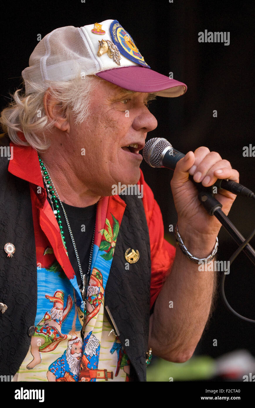 Singer/songwriter Jackie Lynton (b1940) performing on stage at Weyfest 2015 Music Festival, Rural Life Centre, Tilford, Farnham, Stock Photo