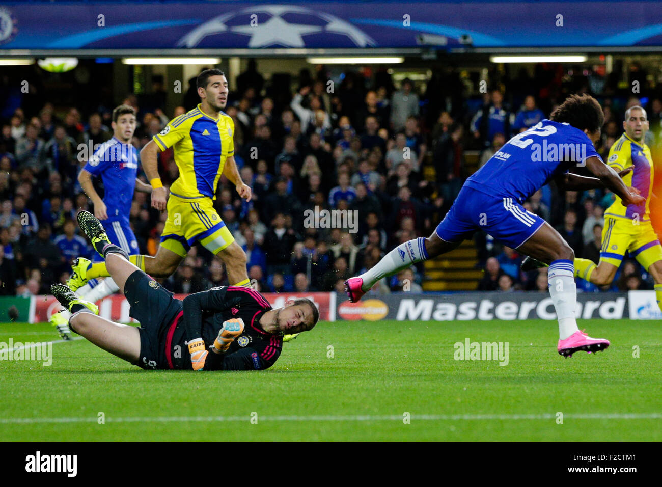 London, UK. 16th Sep, 2015. Champions League. Chelsea versus Macabbi Tel Aviv. Chelsea's Willian brought down in the box by Maccabi Tel-Aviv's Predrag Rajkovic resulting in a penalty Credit:  Action Plus Sports/Alamy Live News Stock Photo