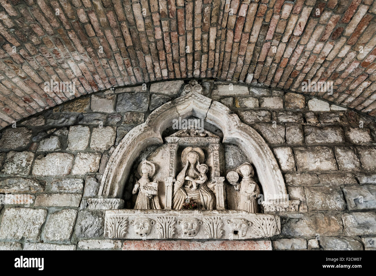 Wall sculpture within the main gate in Kotor old town, Montenegro. Stock Photo
