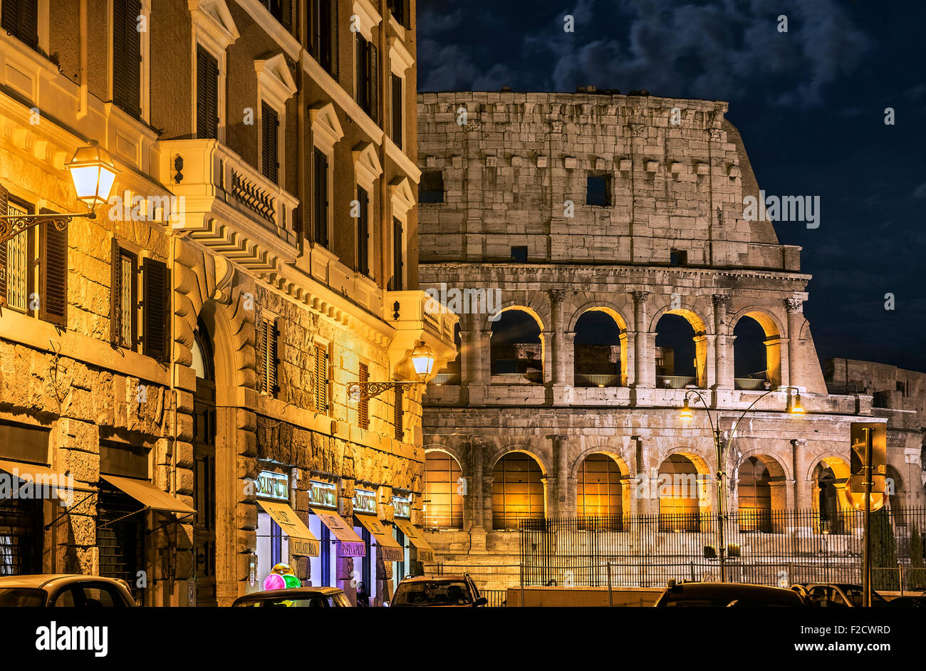 Roman Coliseum detail at night, Rome, Italy Stock Photo