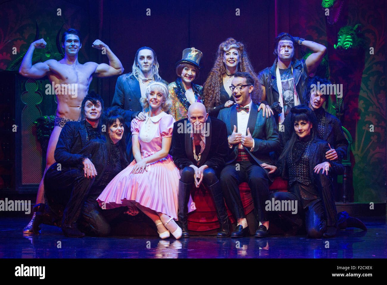 London, UK. 15 September 2015. Richard O'Brien, centre, with the cast of the musical at a photocall. The Rocky Horror Show, written and starring Richard O'Brien, returns to the West End for a limited run at the Playhouse theatre from 11 September 2015. The Rocky Horror Show Gala Performance on 17 September will be broadcast live to cinemas across the UK and Europe. With Richard O'Brien as Narrator, David Bedella as Frank'n'furter, Ben Forster as Brad, Haley Flaherty as Janet and Dominic Andersen as Rocky. Photo: Bettina Strenske Stock Photo