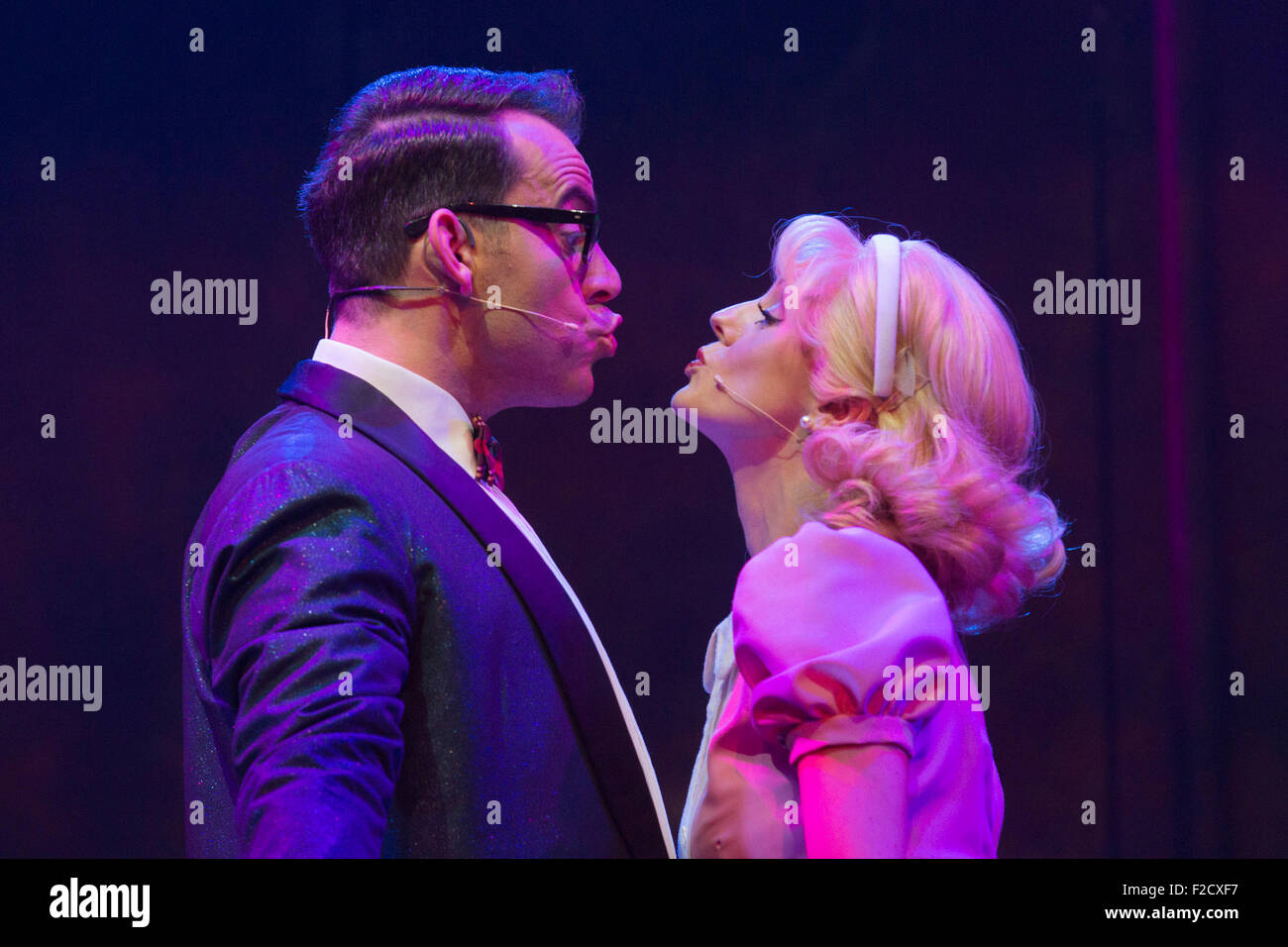 London, UK. 15 September 2015. Pictured: Ben Forster as Brad and Helen Flaherty as Janet. The Rocky Horror Show, written and starring Richard O'Brien, returns to the West End for a limited run at the Playhouse theatre from 11 September 2015. The Rocky Horror Show Gala Performance on 17 September will be broadcast live to cinemas across the UK and Europe. With Richard O'Brien as Narrator, David Bedella as Frank'n'furter, Ben Forster as Brad, Haley Flaherty as Janet and Dominic Andersen as Rocky. Photo: Bettina Strenske Stock Photo