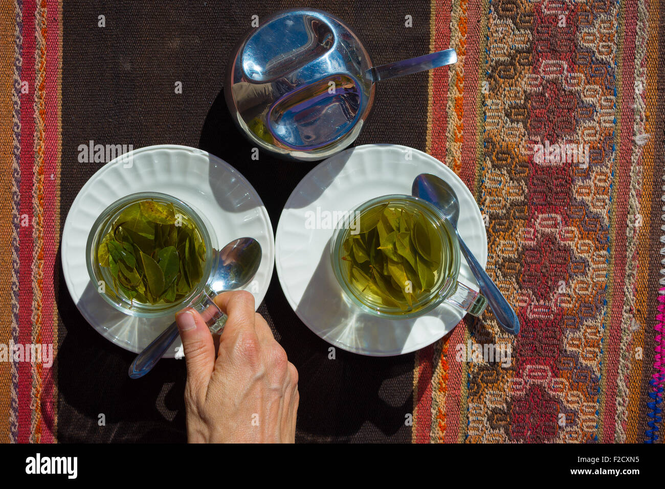 Tea cups with Coca leaves infusion known as "Mate de Coca", typical